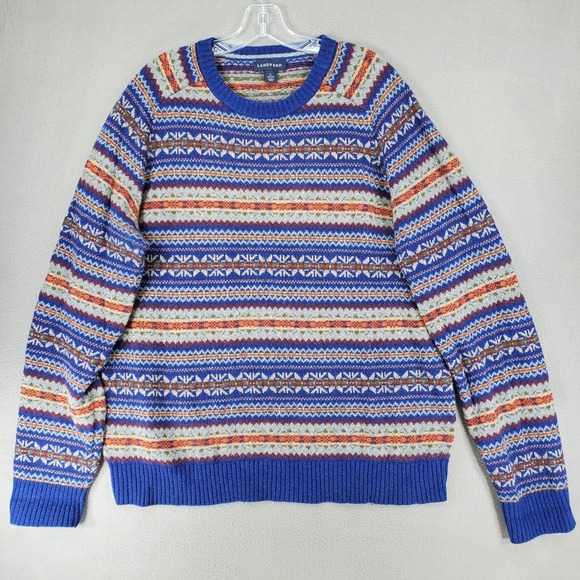 Lands End Fair Isle Knit Sweater Mens L Merino Wool Multicolor Striped Crew Neck - Picture 1 of 6